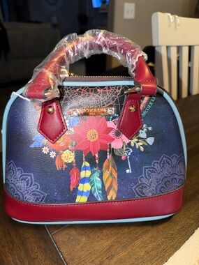 Nicole Lee Navy Floral Dreamcatcher Mini Satchel with Red Trim